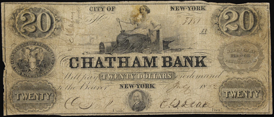 New York, New York. Chatham Bank. 1852 $20. Fine. Spurious.