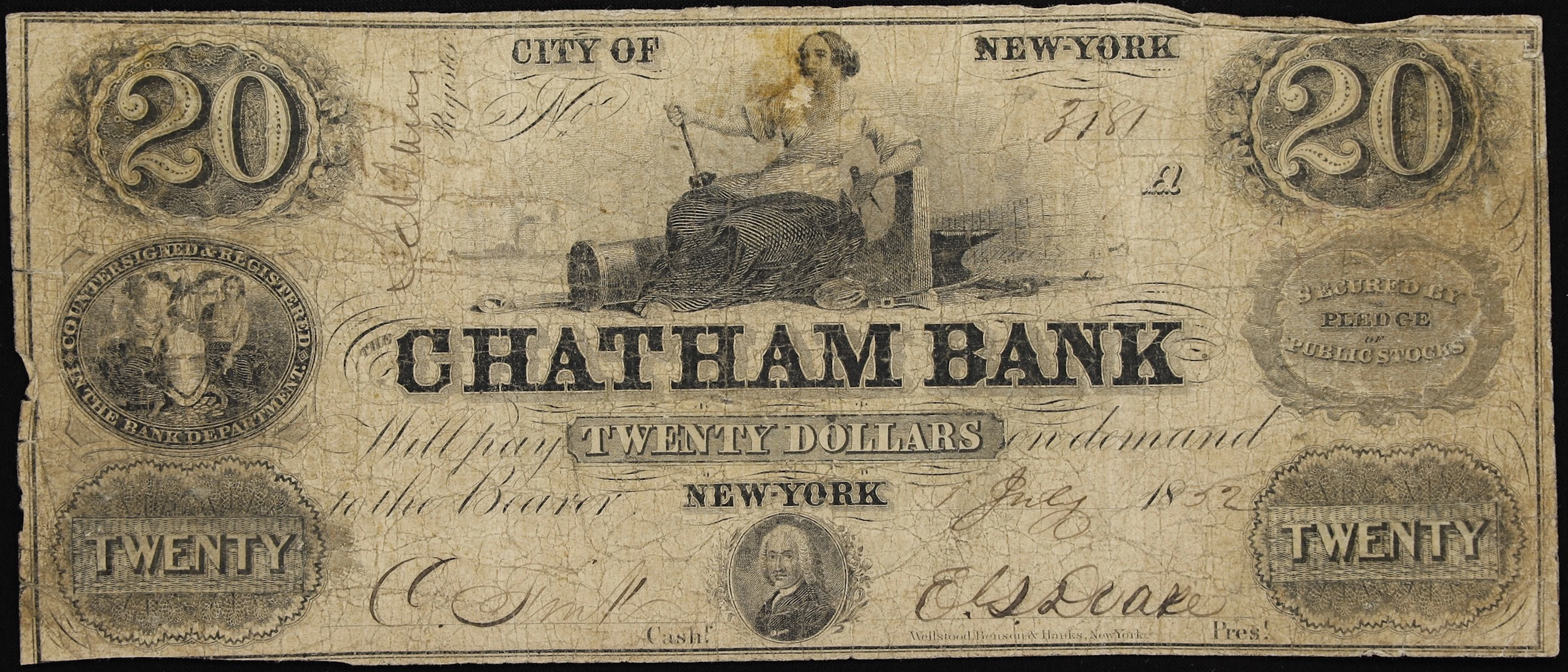 New York, New York. Chatham Bank. 1852 $20. Fine. Spurious.