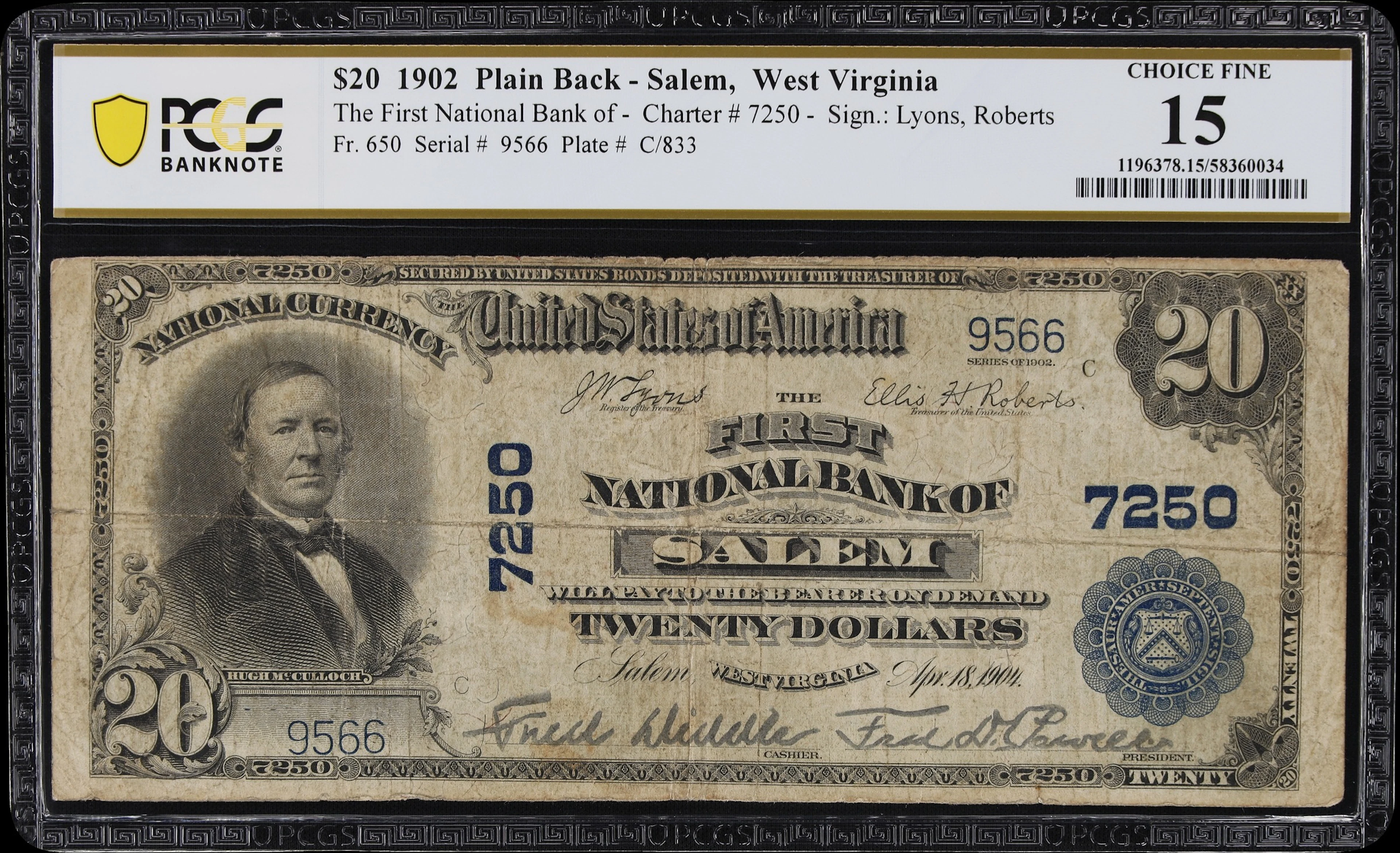 Salem, West Virginia. $20 1902 Plain Back. Fr. 650. First NB. Charter
