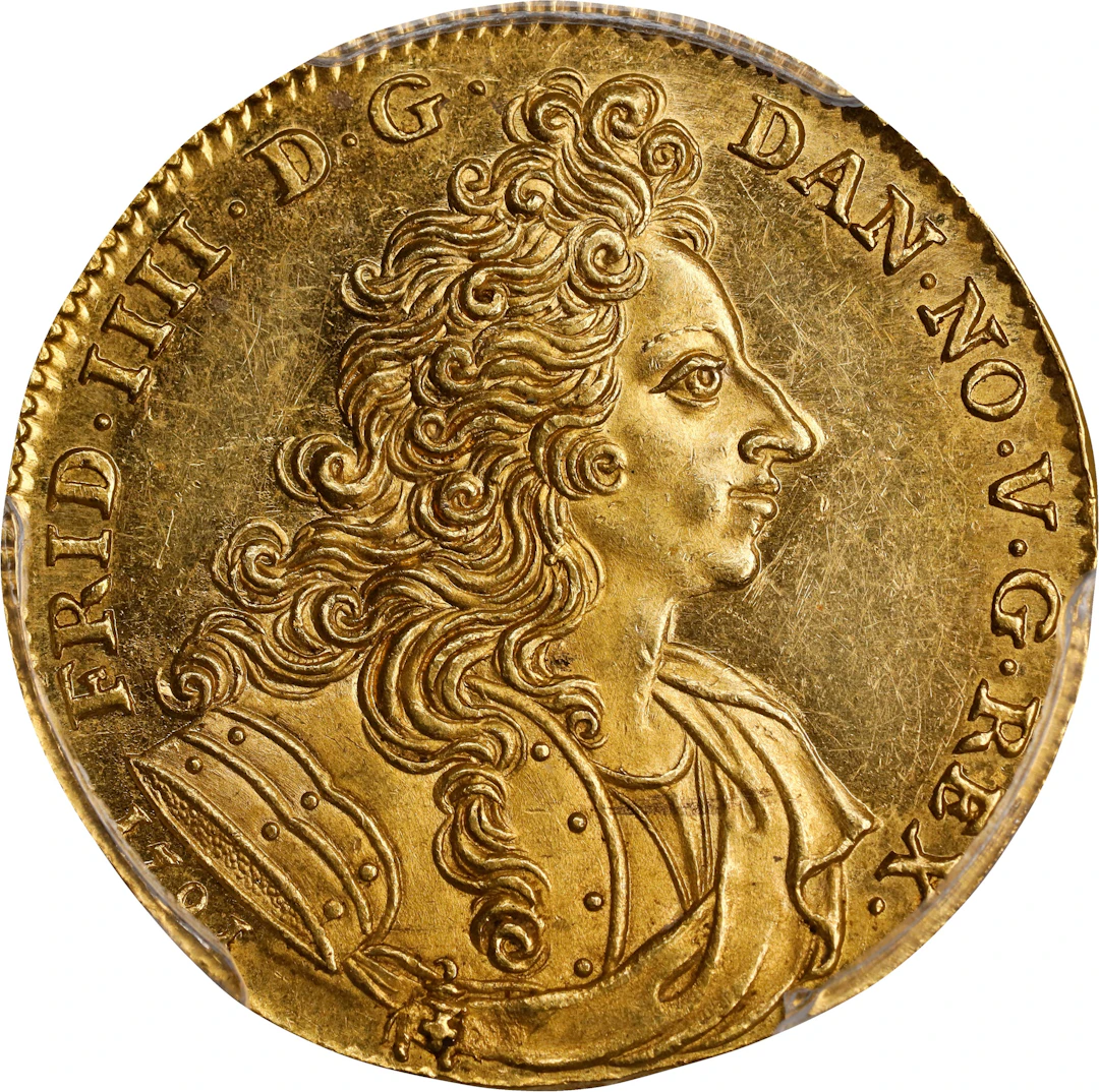 DENMARK. 2 Ducats, 1701. Copenhagen Mint. Frederik IV. PCGS MS-62.