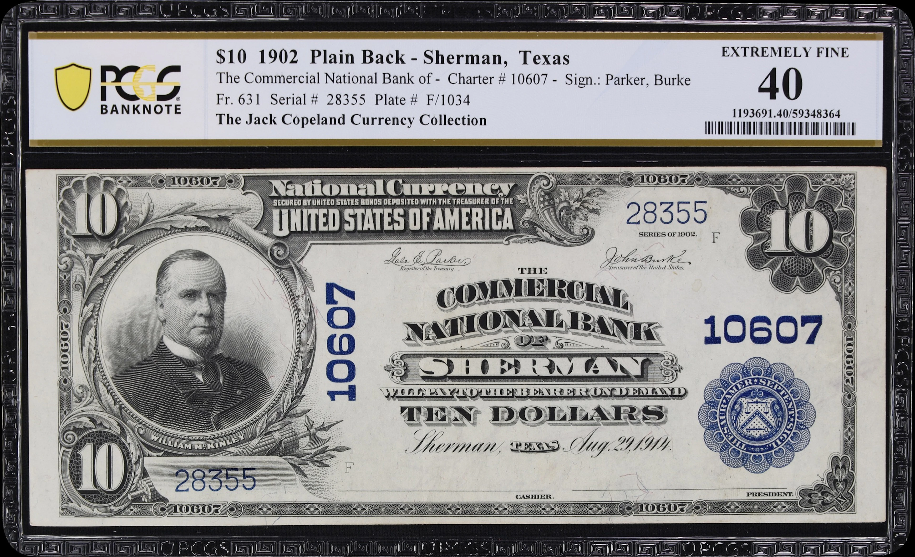 Sherman, Texas. $10 1902 Plain Back. Fr. 631. Commercial NB. Charter