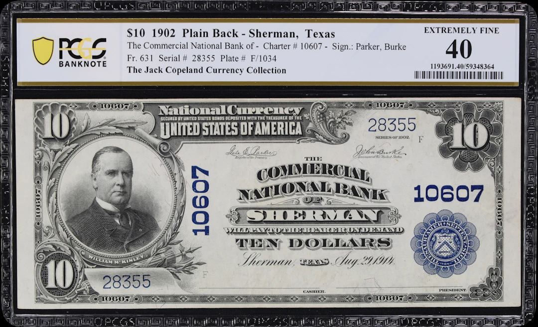 Sherman, Texas. $10 1902 Plain Back. Fr. 631. Commercial NB. Charter