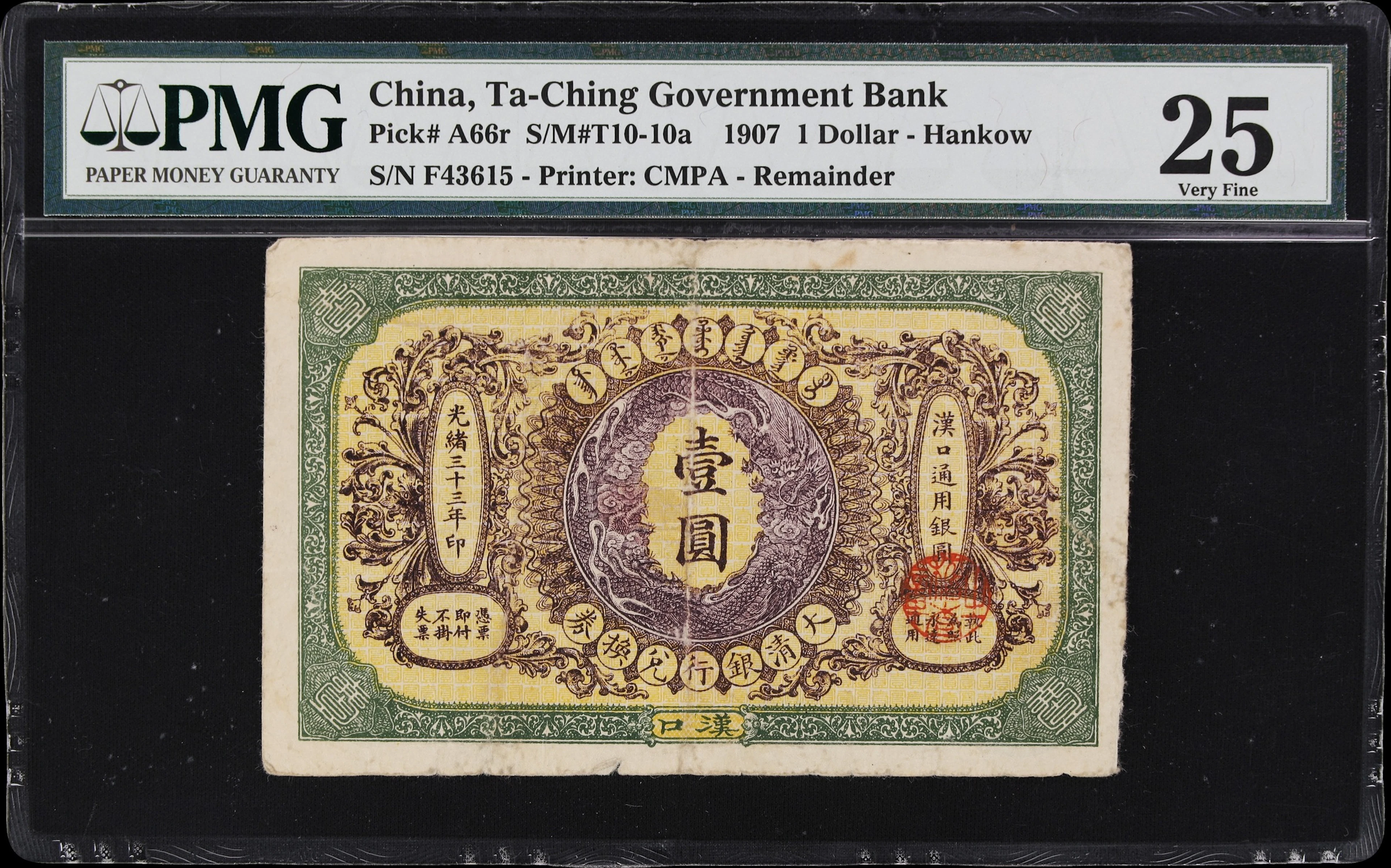 (t) CHINA--EMPIRE. Ta-Ching Government Bank. 1 Dollar, 1.6.1907. P-A66r.