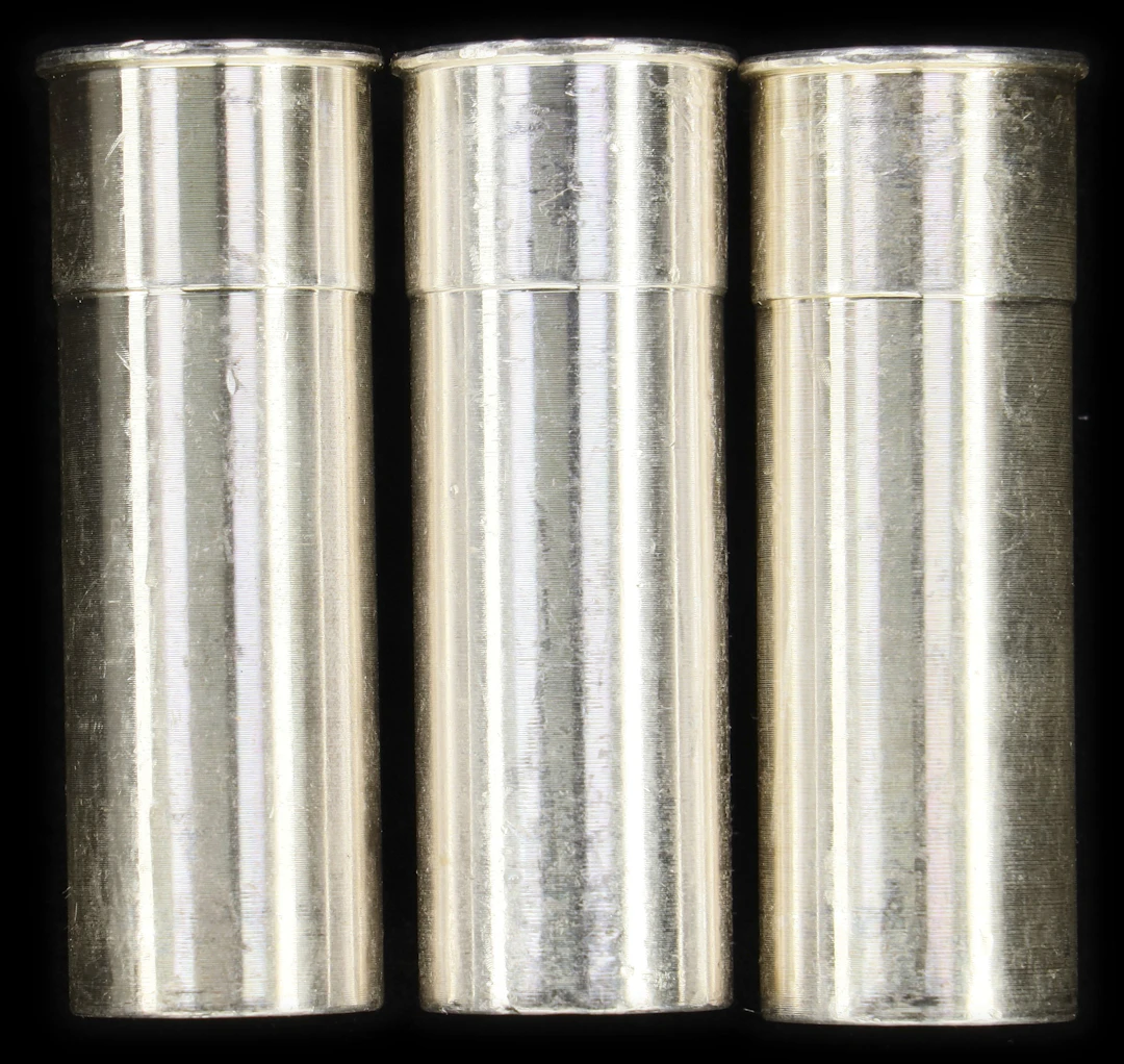 (15 oz, 466.56 g ASW). Lot of (3) Shotgun Shell 5 oz Silver Bullet Replicas.