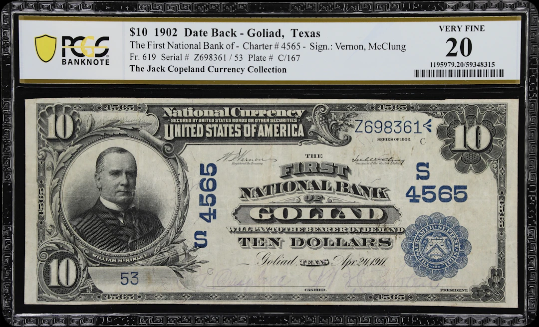 Goliad, Texas. $10 1902 Date Back. Fr. 619. First NB. Charter #4565.