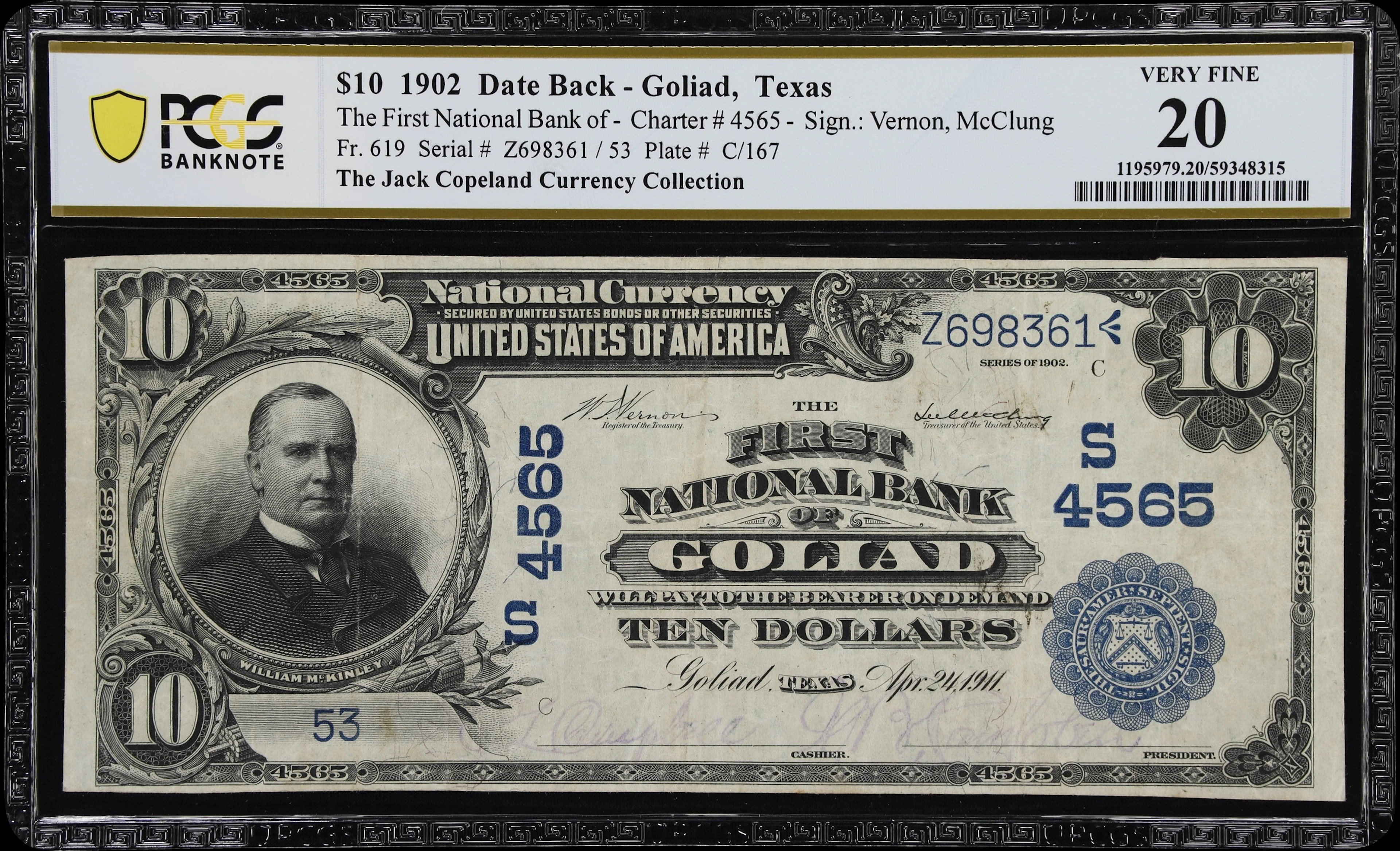 Goliad, Texas. $10 1902 Date Back. Fr. 619. First NB. Charter #4565.