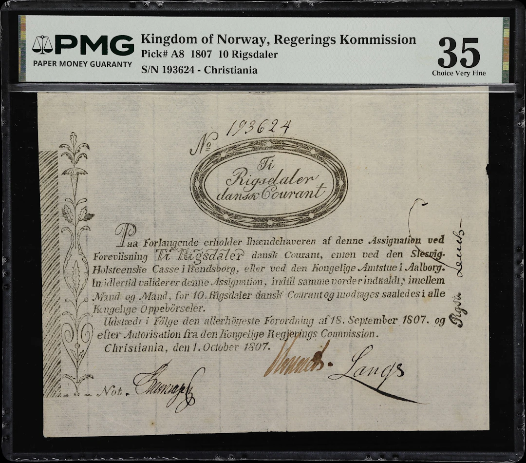 (◊) NORWAY. Regerings Commission. 10 Rigsdaler, 1.10.1807. P-A8. Sieg