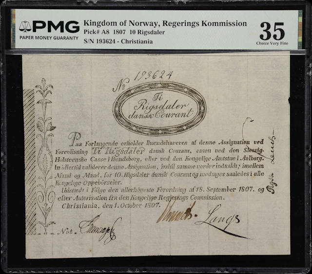 (◊) NORWAY. Regerings Commission. 10 Rigsdaler, 1.10.1807. P-A8. Sieg