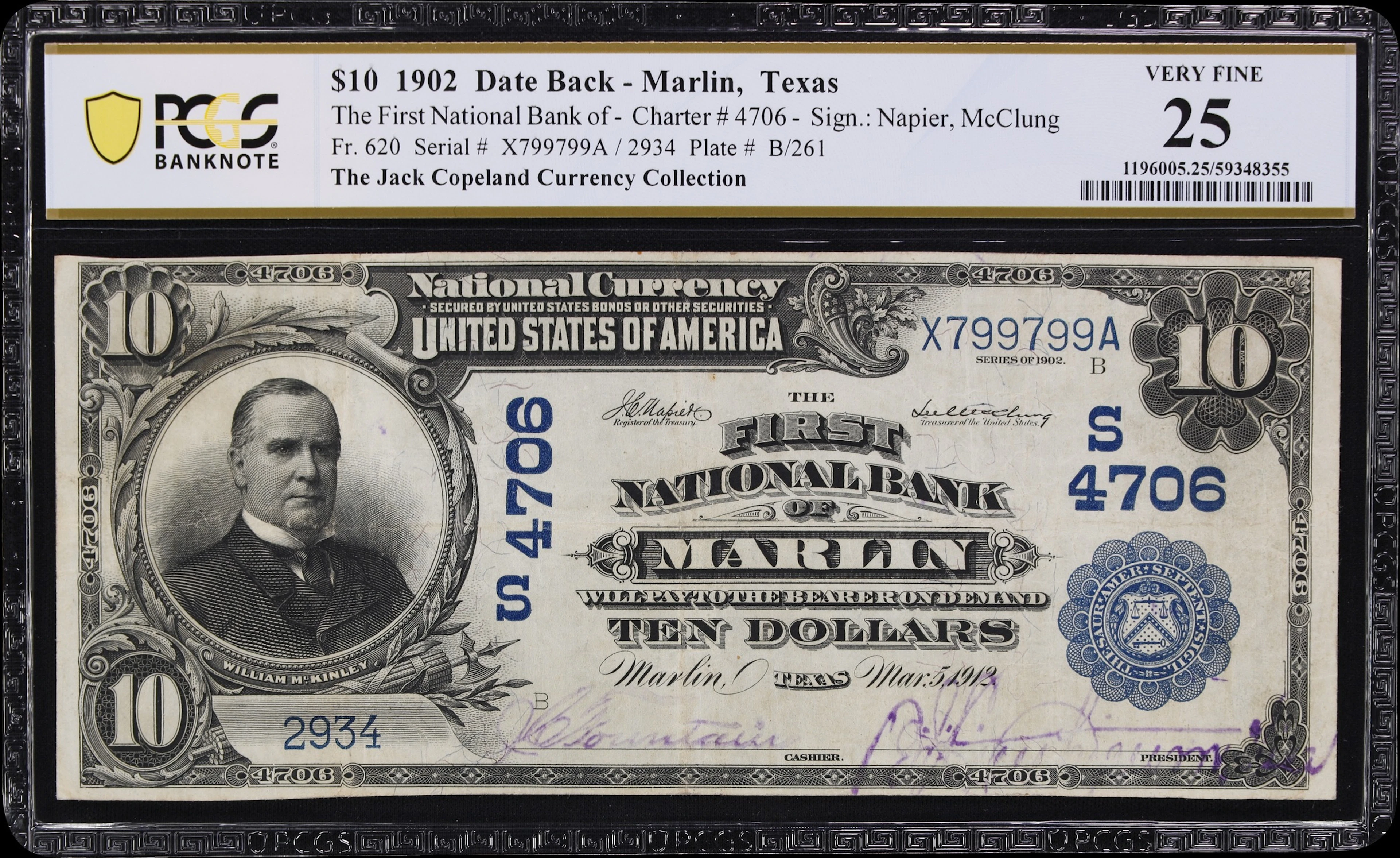 Marlin, Texas. $10 1902 Date Back. Fr. 620. First NB. Charter #4706.