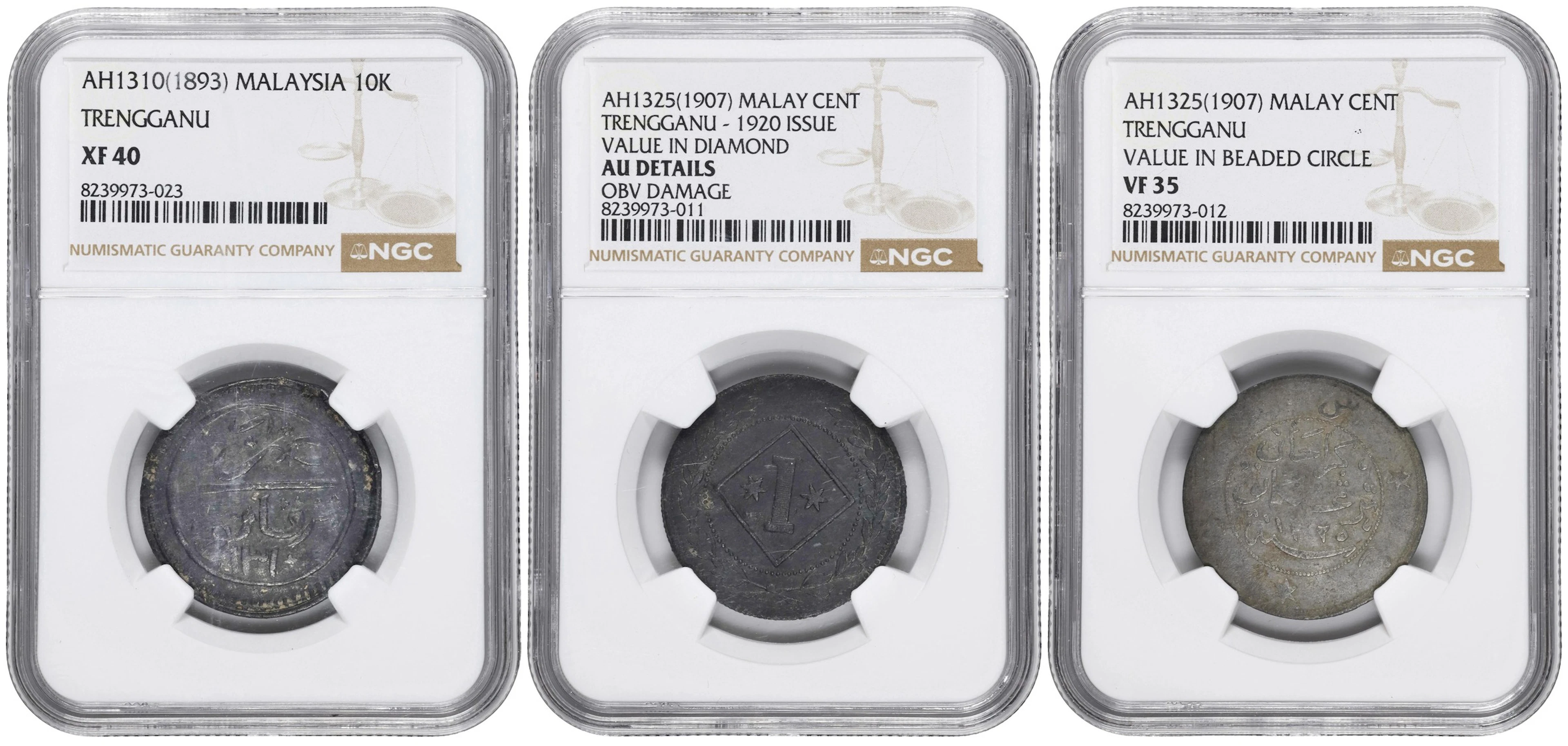 MALAYA. Trengganu. Trio of Tin Denominations (3 Pieces), 1893 & 1907.