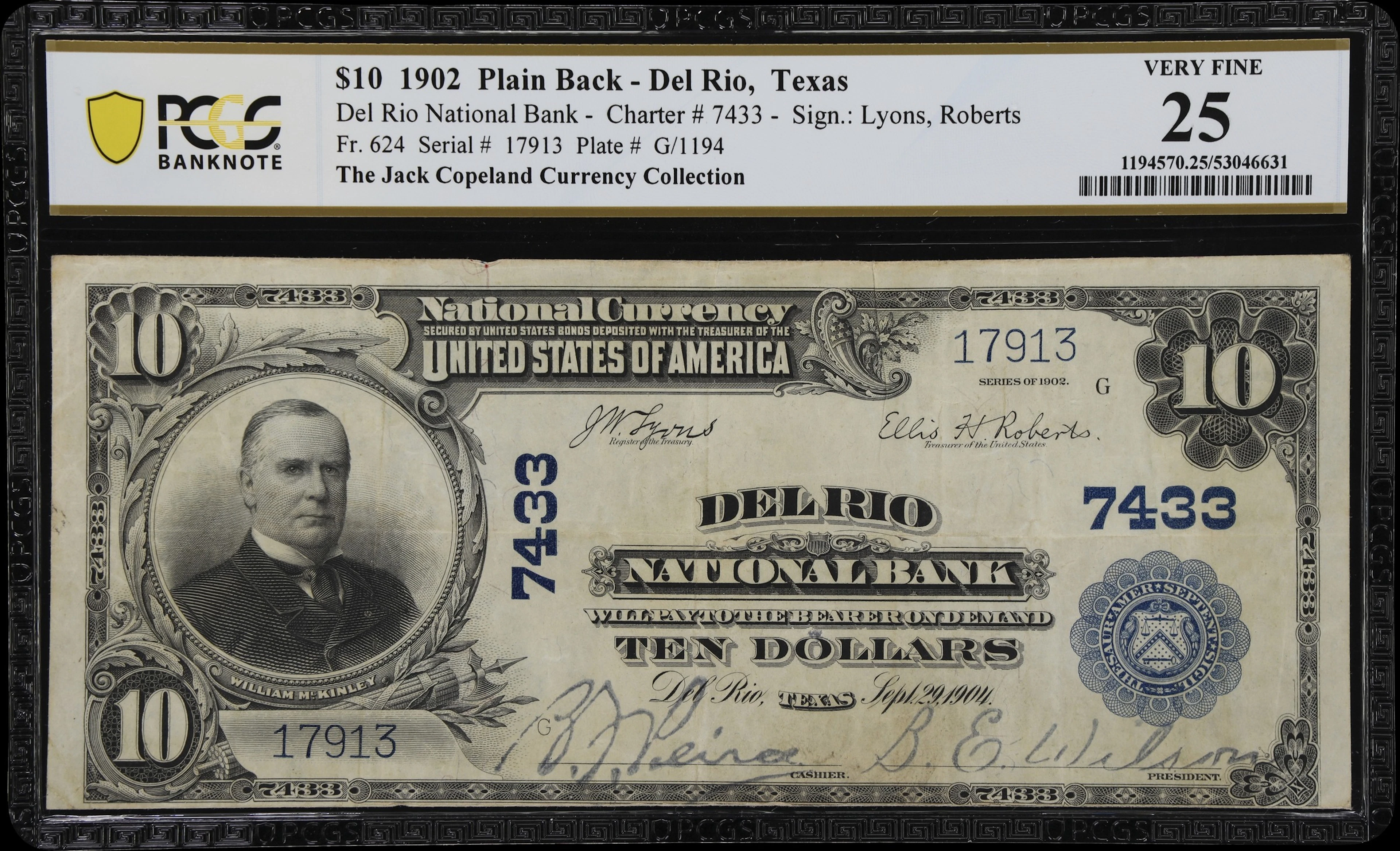 Del Rio, Texas. $10 1902 Plain Back. Fr. 624. Del Rio NB. Charter