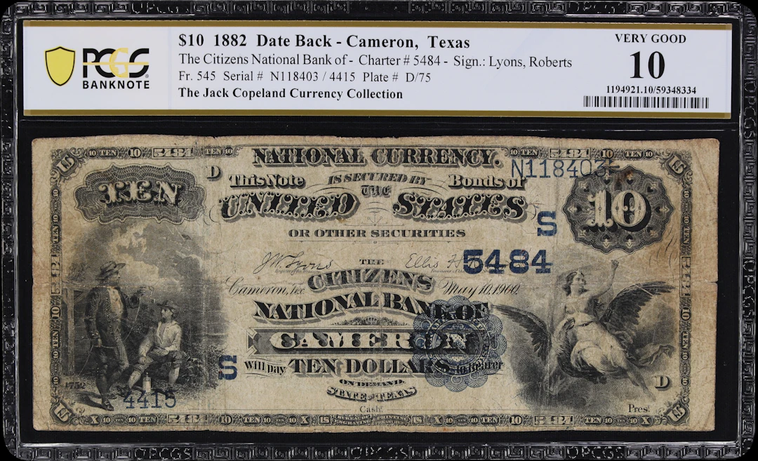Cameron, Texas. $10 1882 Date Back. Fr. 545. Citizens NB. Charter