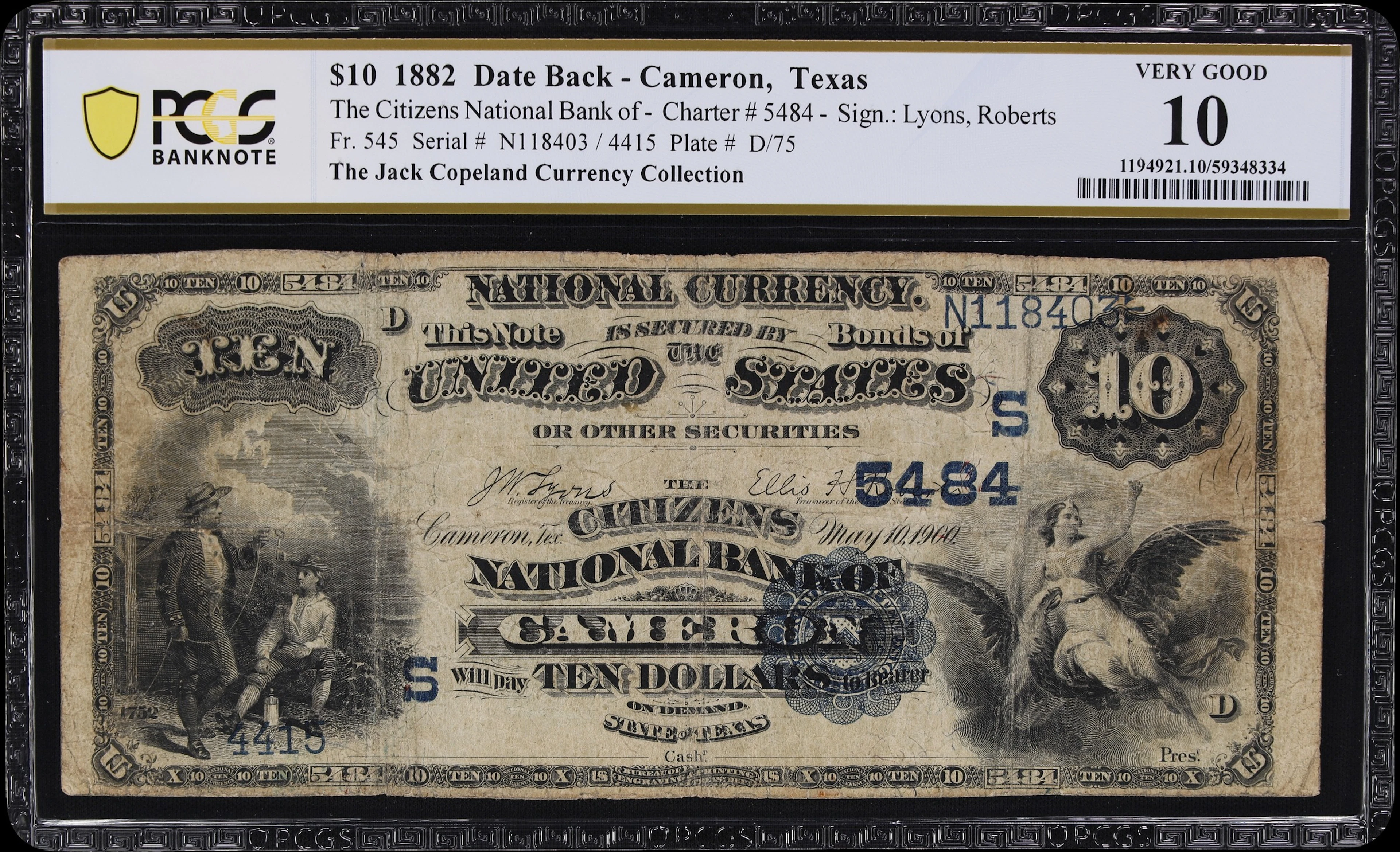 Cameron, Texas. $10 1882 Date Back. Fr. 545. Citizens NB. Charter