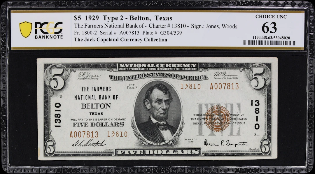Belton, Texas. $5 1929 Ty. 2. Fr. 1800-2. Farmers NB. Charter #13810.
