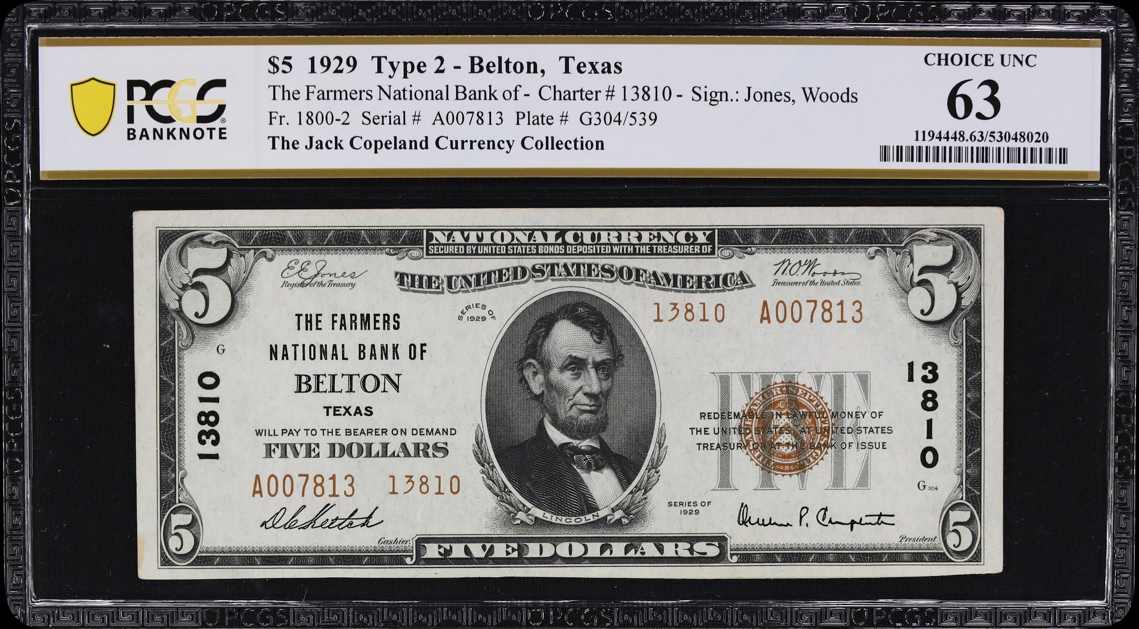 Belton, Texas. $5 1929 Ty. 2. Fr. 1800-2. Farmers NB. Charter #13810.