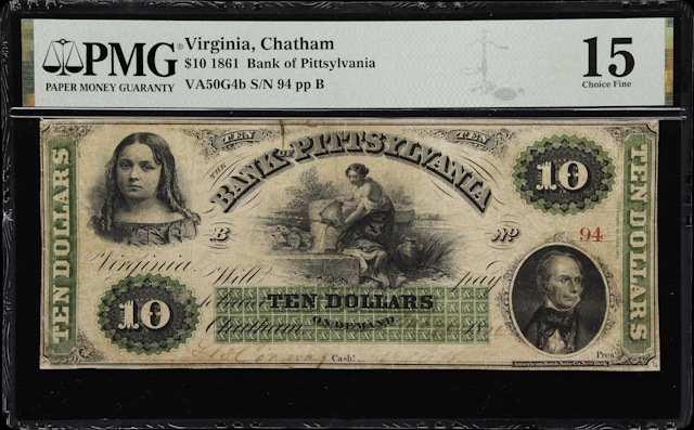 Chatham, Virginia. Bank of Pittsylvania. 1861 $10. PMG Choice Fine 15.