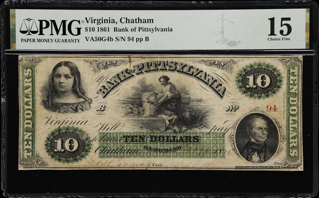 Chatham, Virginia. Bank of Pittsylvania. 1861 $10. PMG Choice Fine 15.