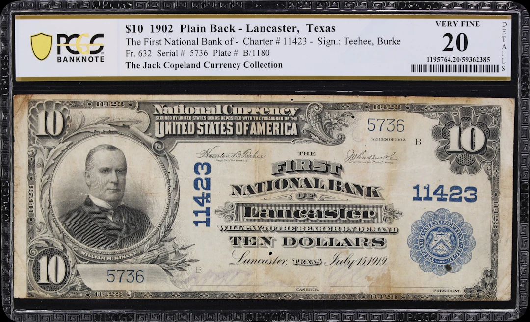 Lancaster, Texas. $10 1902 Plain Back. Fr. 632. First NB. Charter