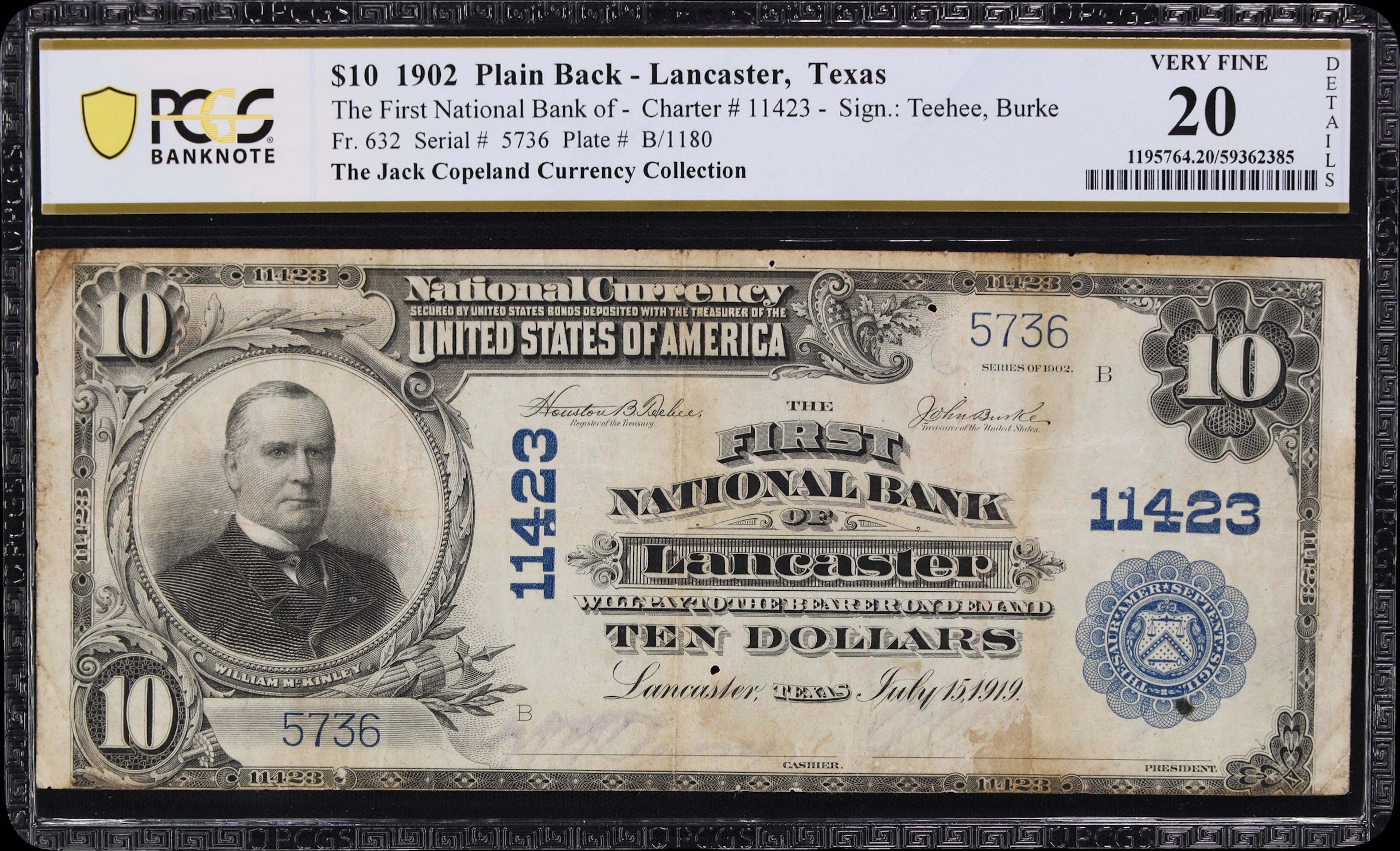 Lancaster, Texas. $10 1902 Plain Back. Fr. 632. First NB. Charter