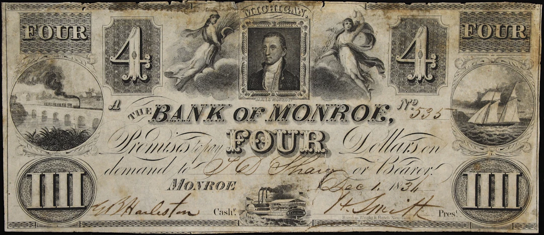 Monroe, Michigan Territory. Bank of Monroe. 1834 $4. Very Good to Fine.
