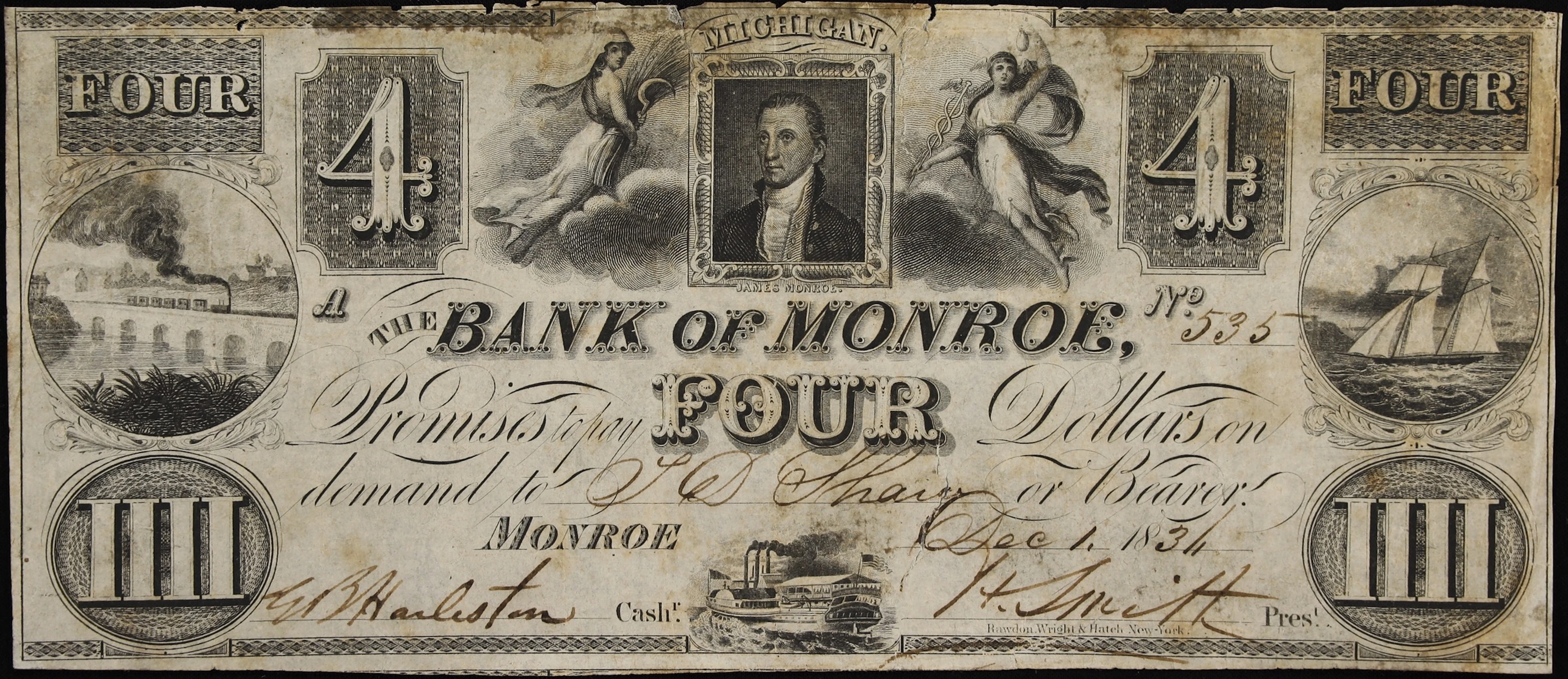 Monroe, Michigan Territory. Bank of Monroe. 1834 $4. Very Good to Fine.