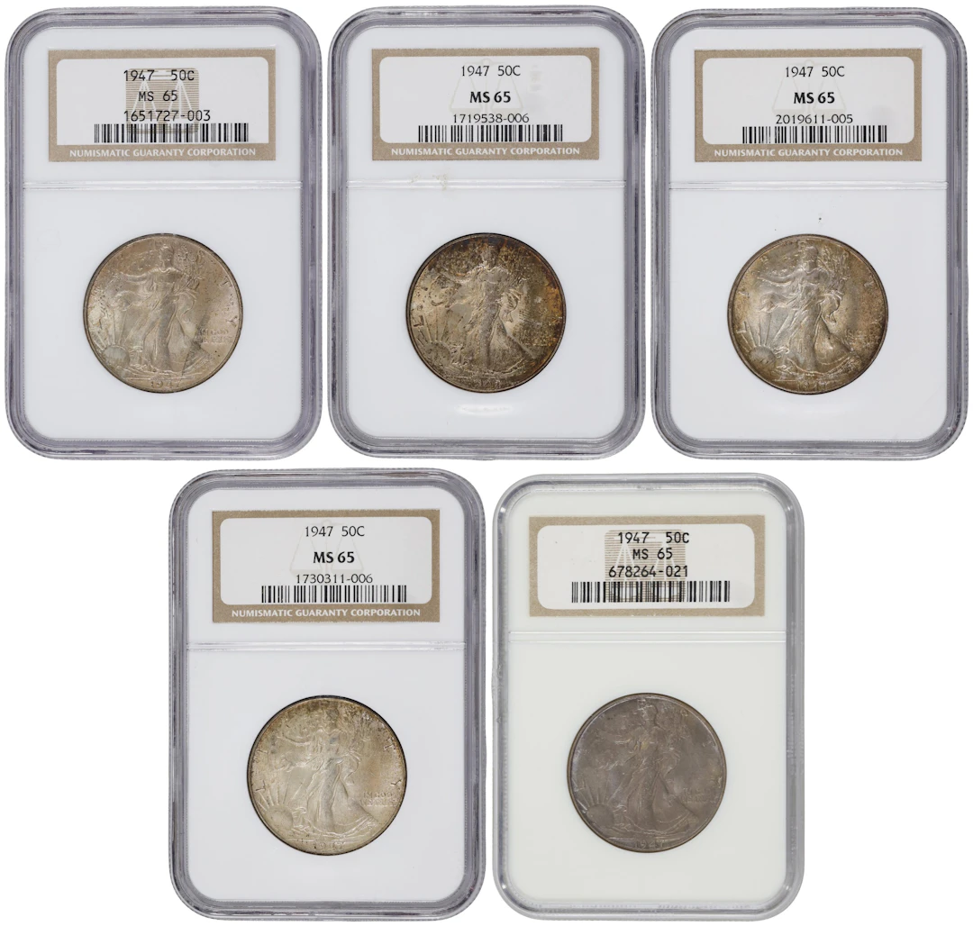 Lot of (5) 1947 Walking Liberty Half Dollars. MS-65 (NGC).