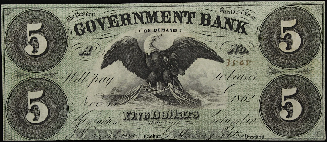 Washington, District of Columbia. Government Bank. 1862 $5. Extremely Fine.