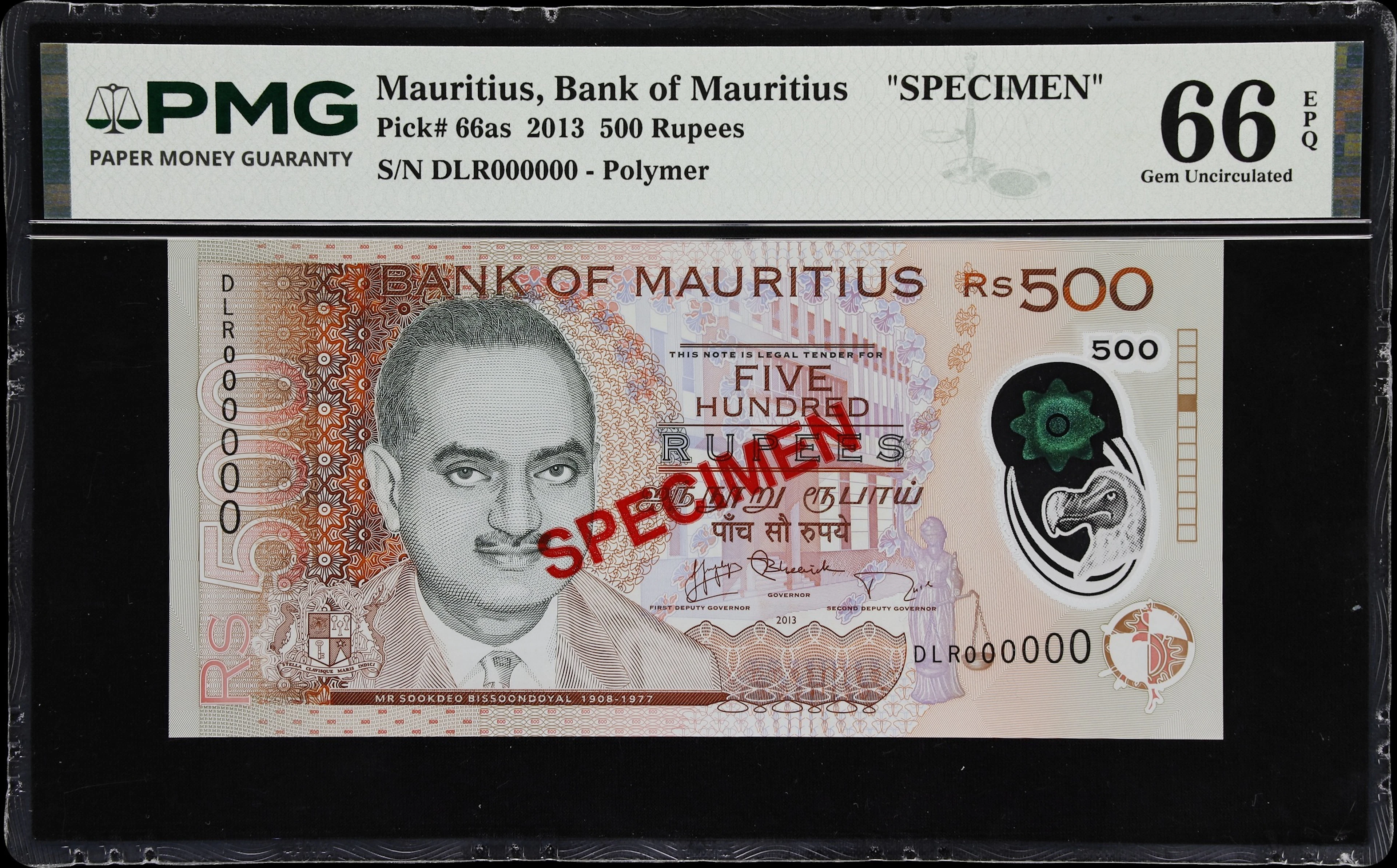 MAURITIUS. Bank of Mauritius. 500 Rupees, 2013. P-66as. Specimen.