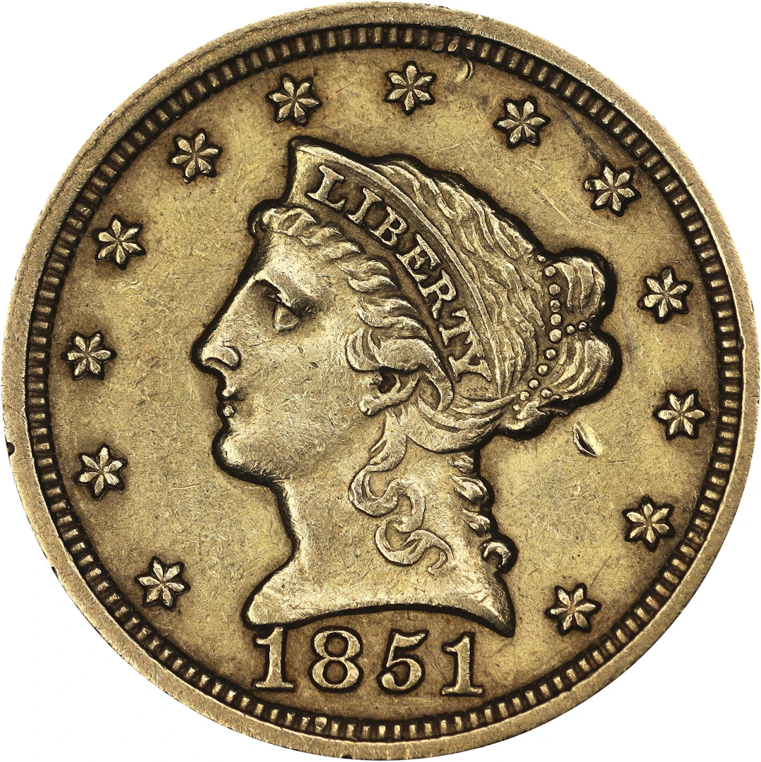 (0.121 oz, 3.764 g AGW). 1851 Liberty Head Quarter Eagle Gold $2.50.