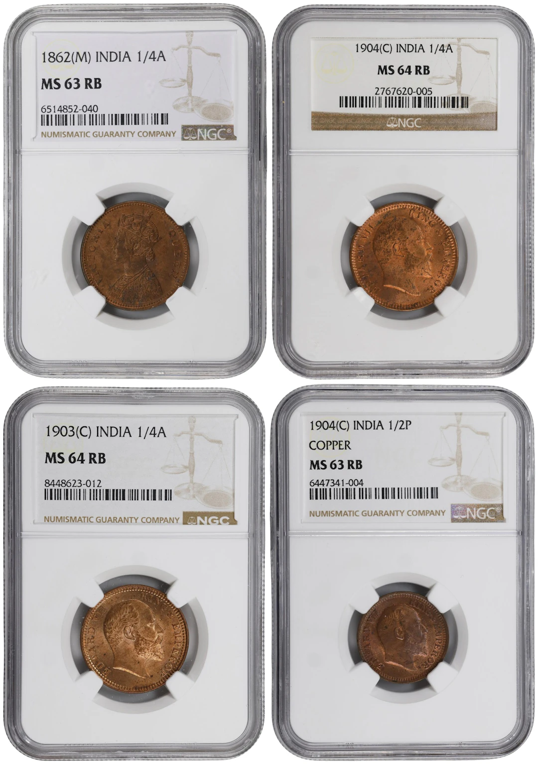 INDIA. Quartet of Copper Denominations (4 Pieces), 1862-1904. All
