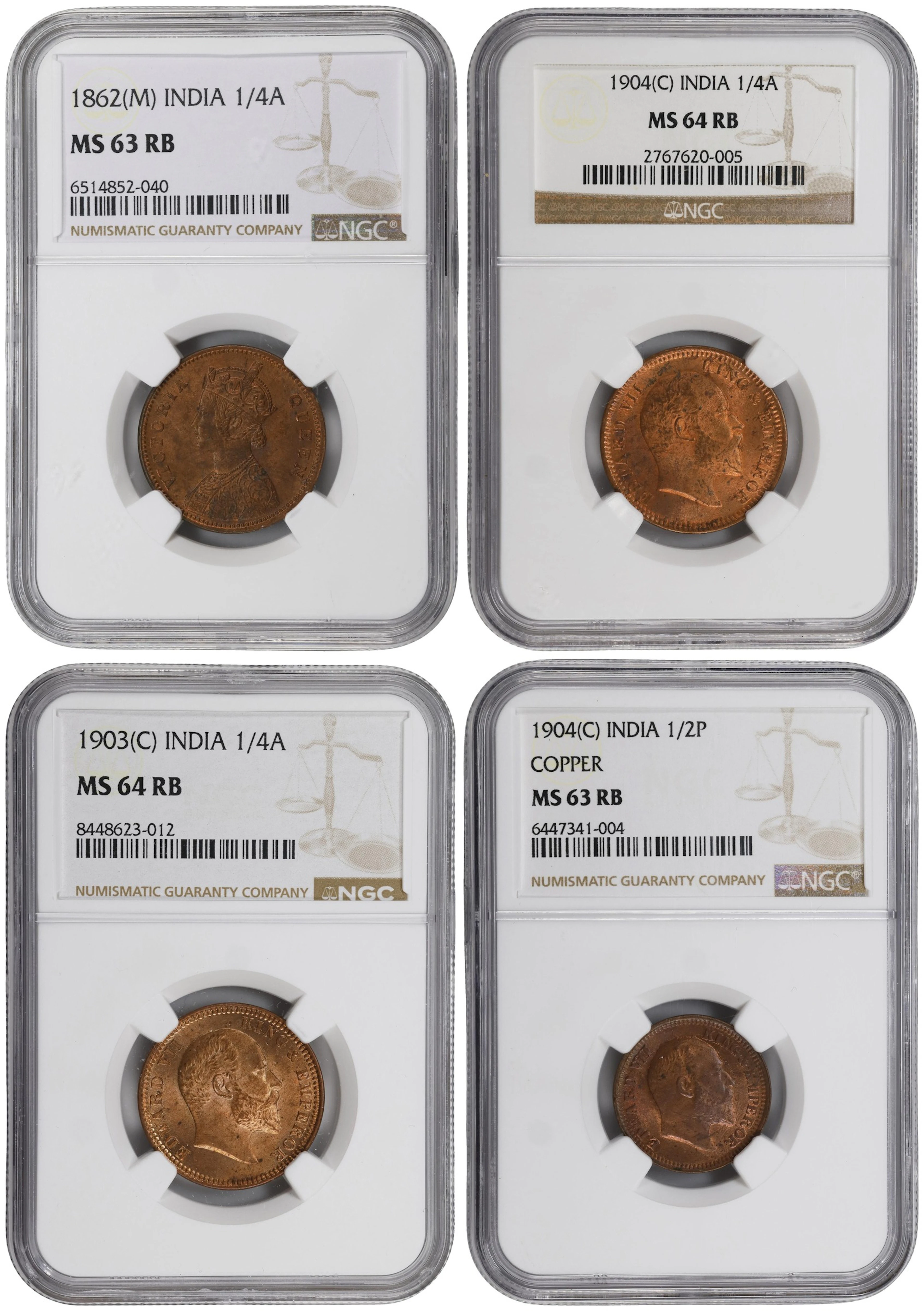 INDIA. Quartet of Copper Denominations (4 Pieces), 1862-1904. All