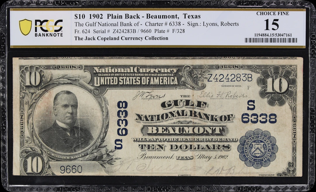 Beaumont, Texas. $10 1902 Plain Back. Fr. 624. Gulf NB. Charter #6338.