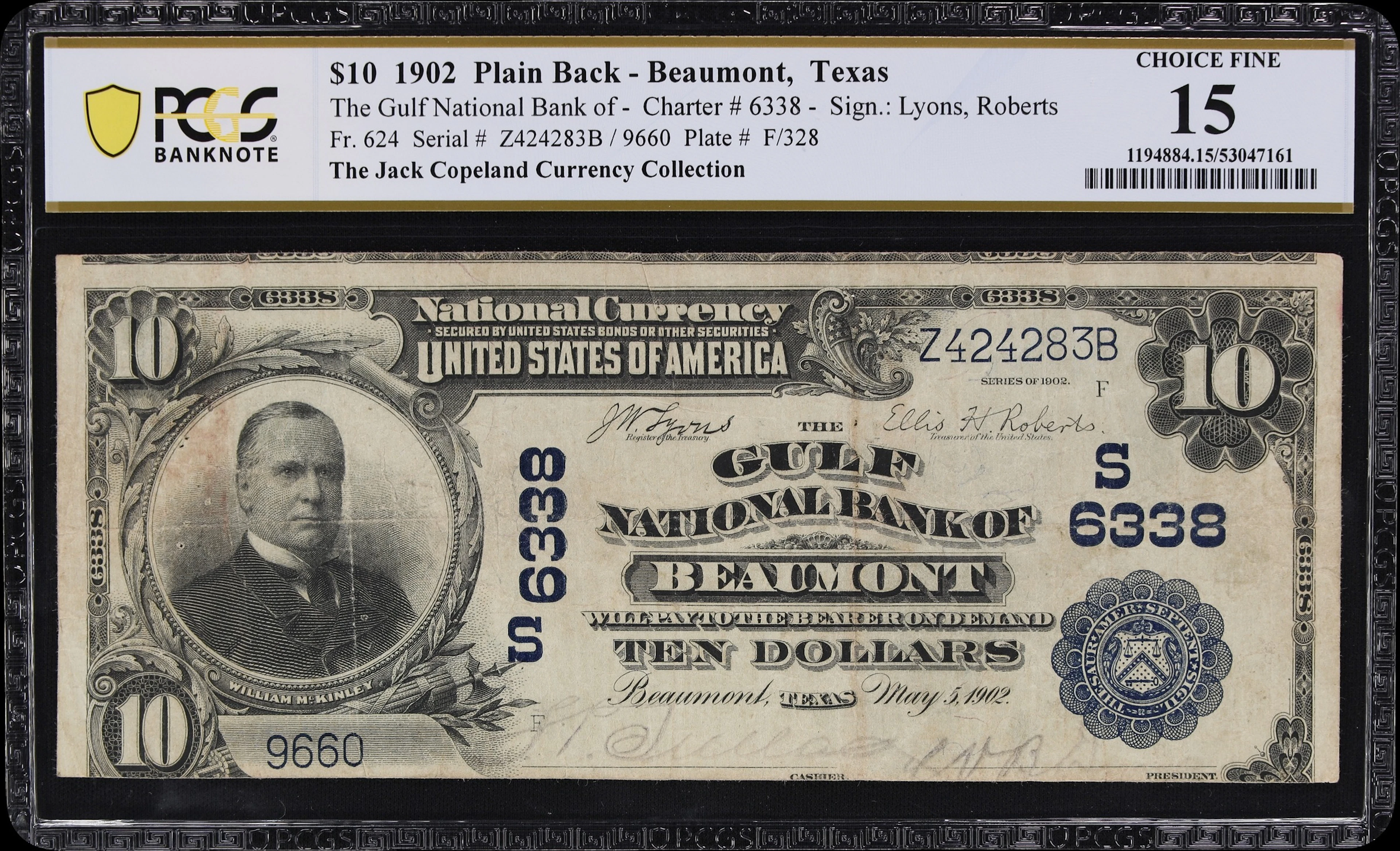 Beaumont, Texas. $10 1902 Plain Back. Fr. 624. Gulf NB. Charter #6338.