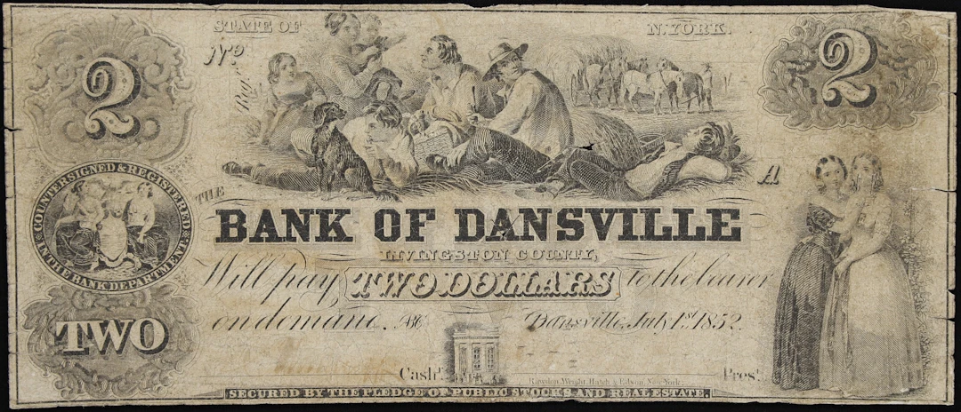 Dansville, New York. Bank of Dansville. 1852 $2. Fine.
