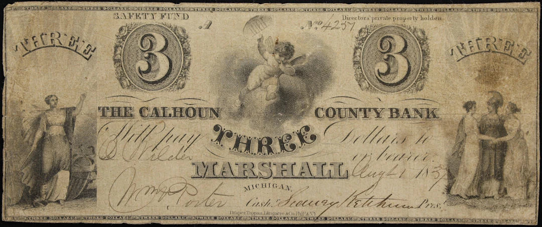 Marshall, Michigan. Calhoun County Bank. 1837 $3. Fine.