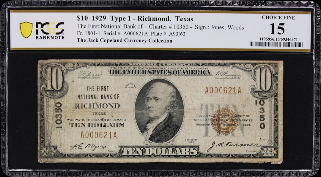 Richmond, Texas. $10 1929 Ty. 1. Fr. 1801-1. First NB. Charter #10350.