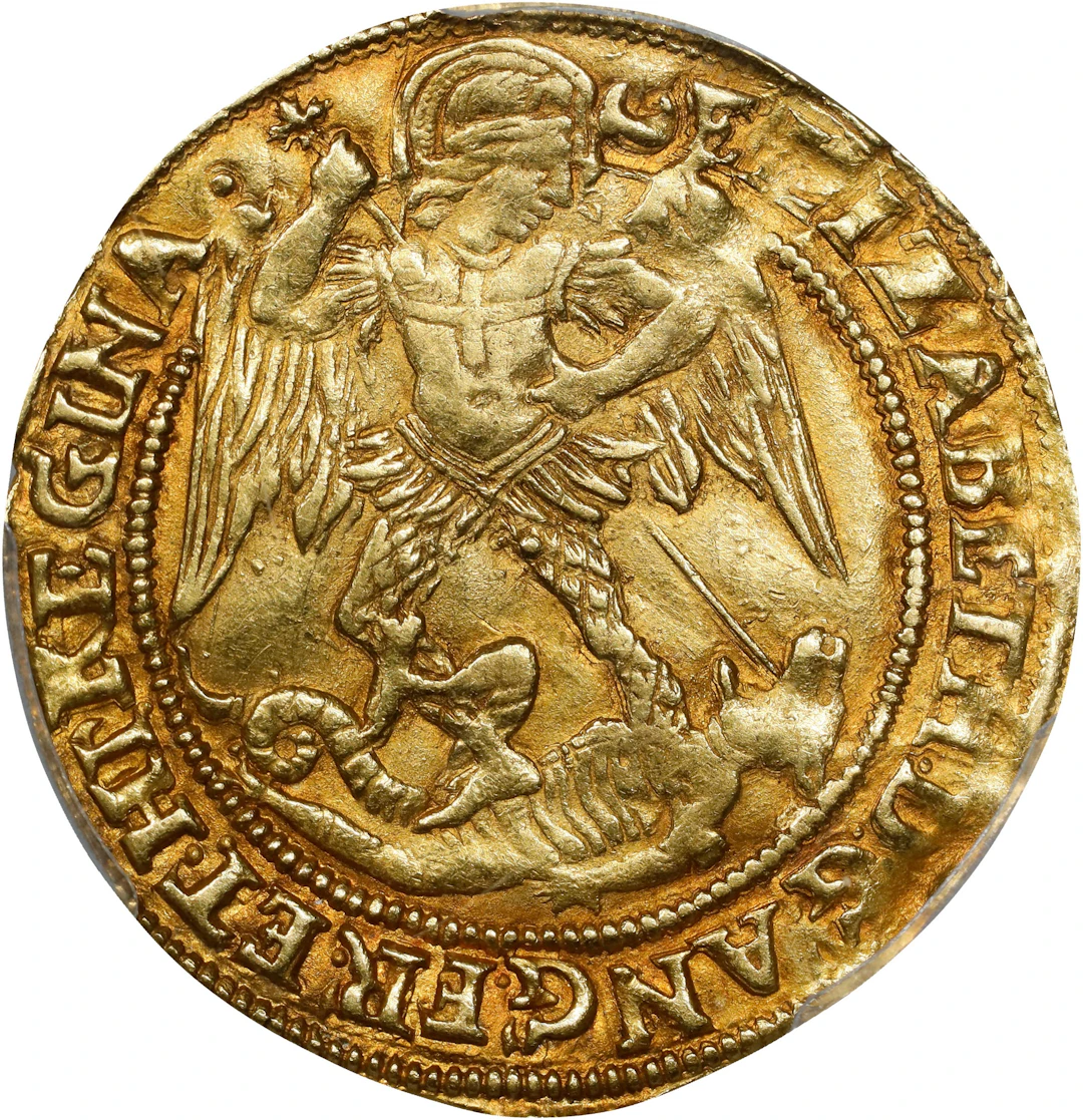 GREAT BRITAIN. Angel, ND (1587-89). London Mint; mm: Crescent. Elizabeth
