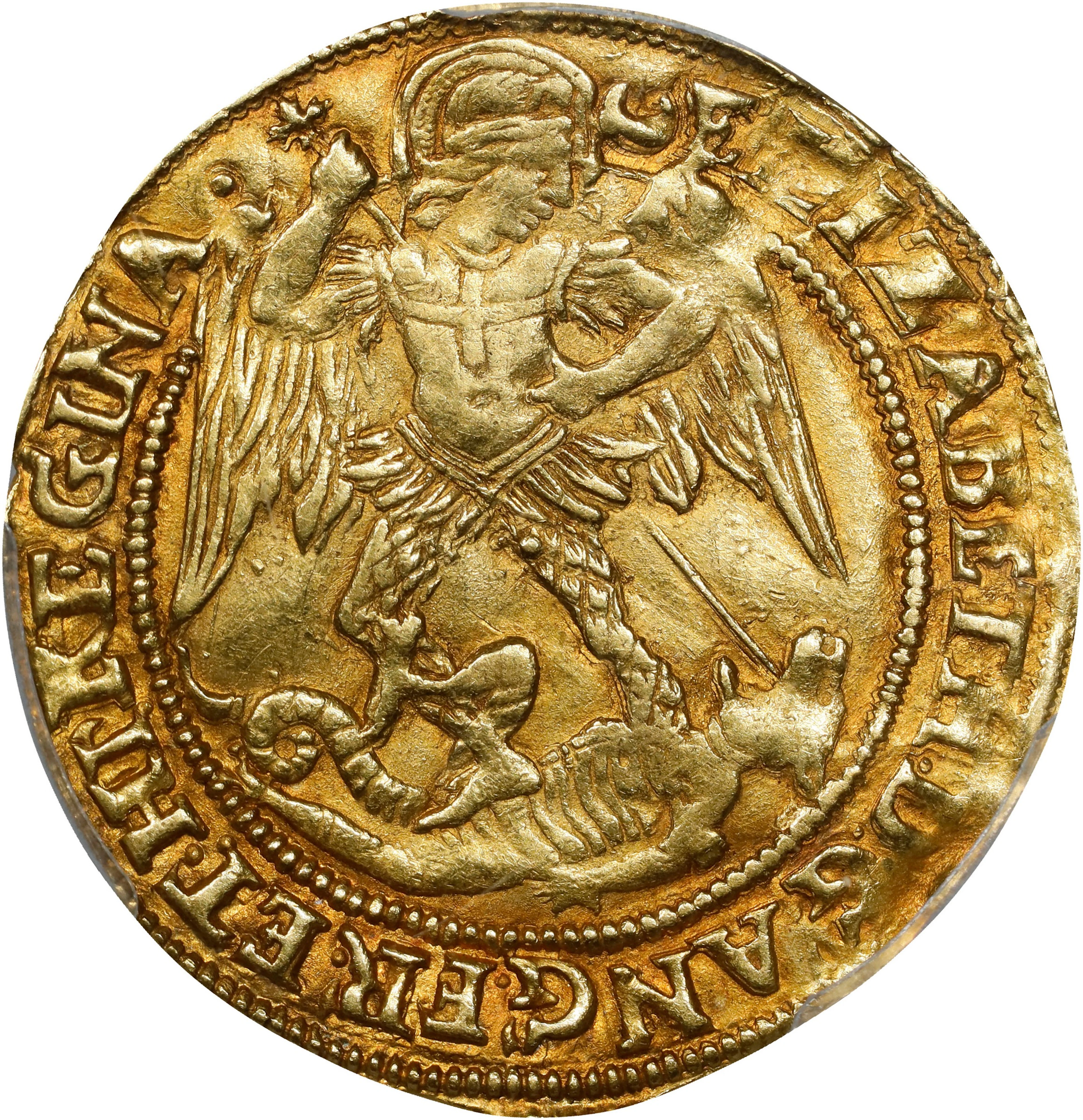 GREAT BRITAIN. Angel, ND (1587-89). London Mint; mm: Crescent. Elizabeth