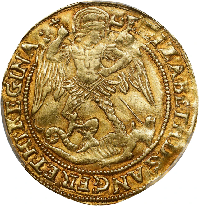 GREAT BRITAIN. Angel, ND (1587-89). London Mint; mm: Crescent. Elizabeth
