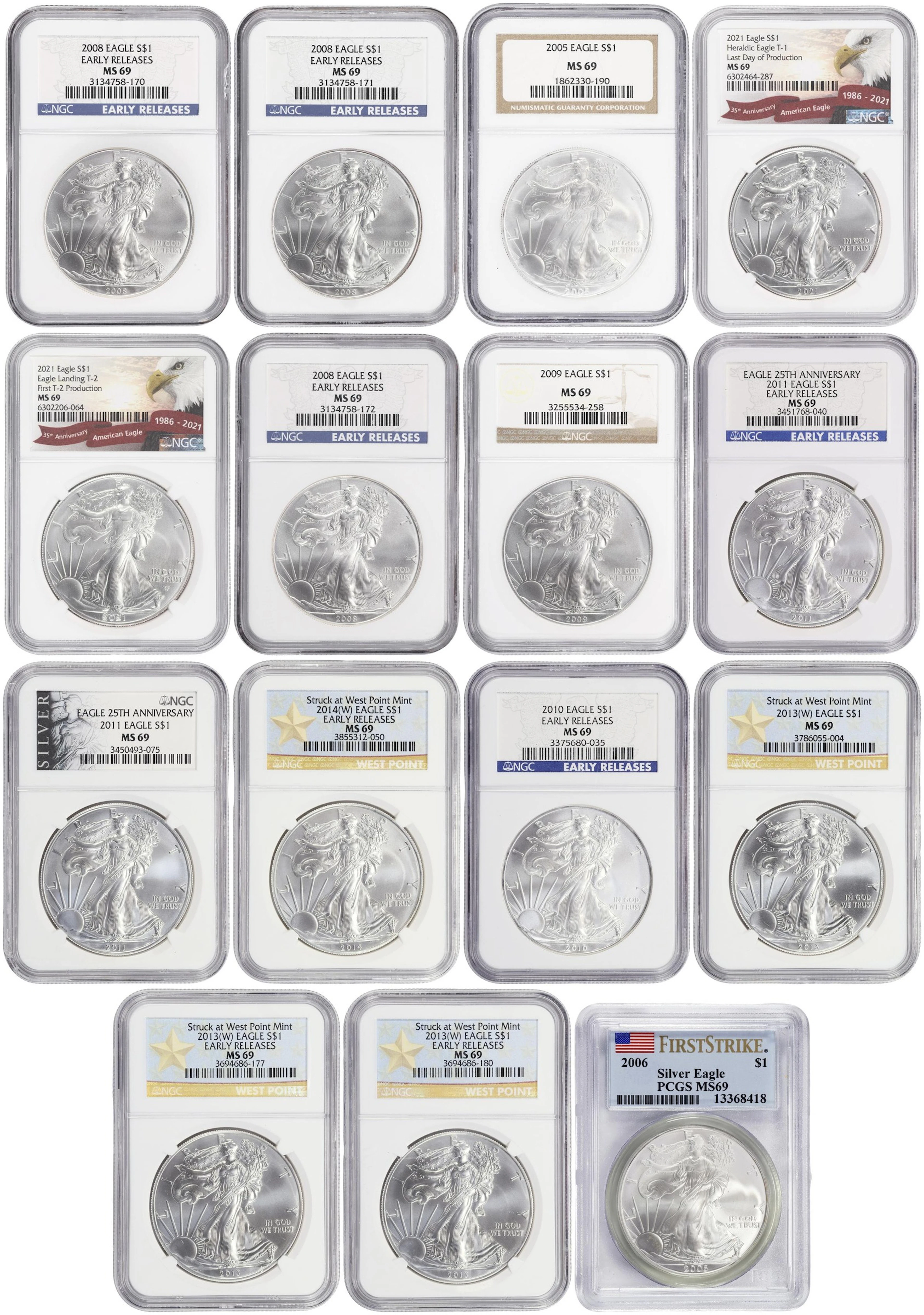 (15 oz, 466.56 g ASW). Lot of (15) Mixed Date American Silver Eagles.