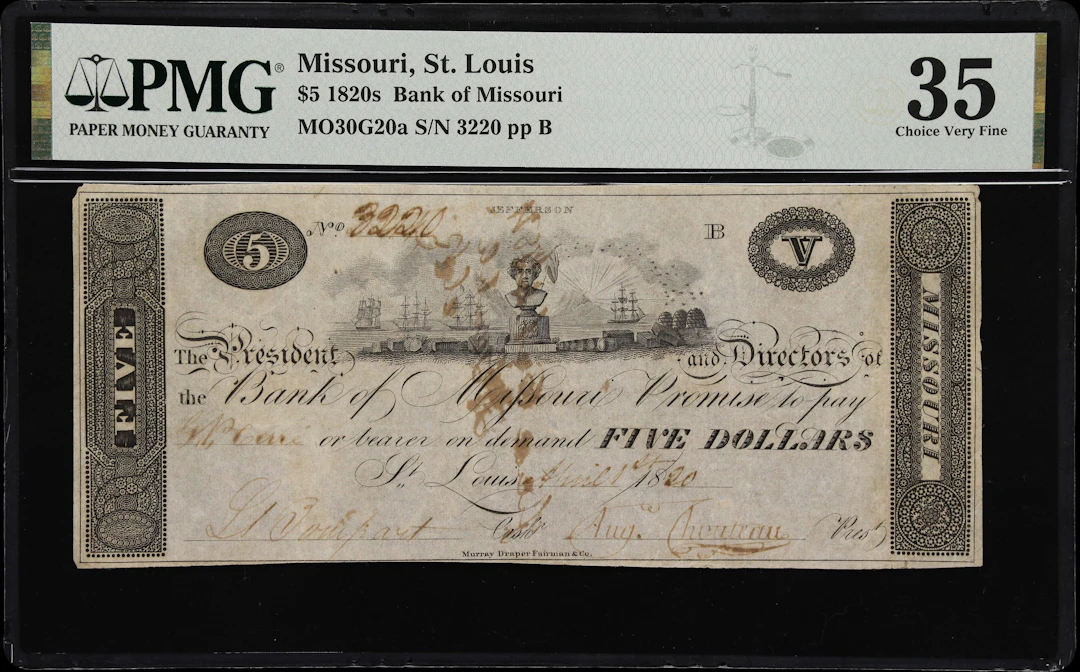 St. Louis, Missouri Territory. Bank of Missouri. 1820 $5. PMG Choice