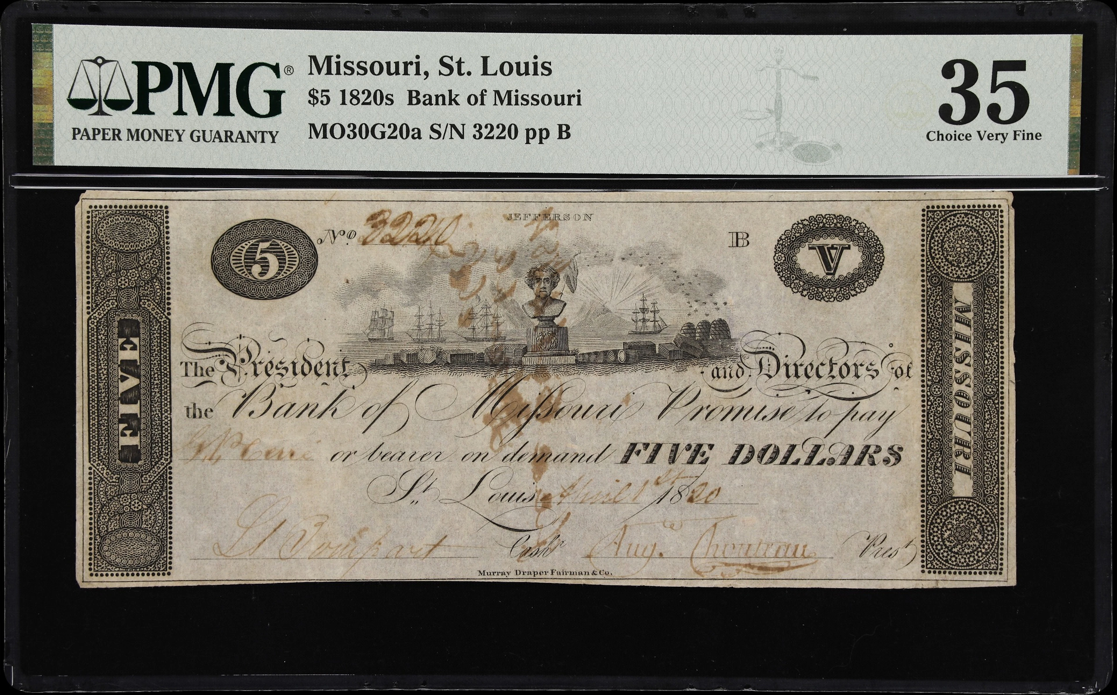 St. Louis, Missouri Territory. Bank of Missouri. 1820 $5. PMG Choice
