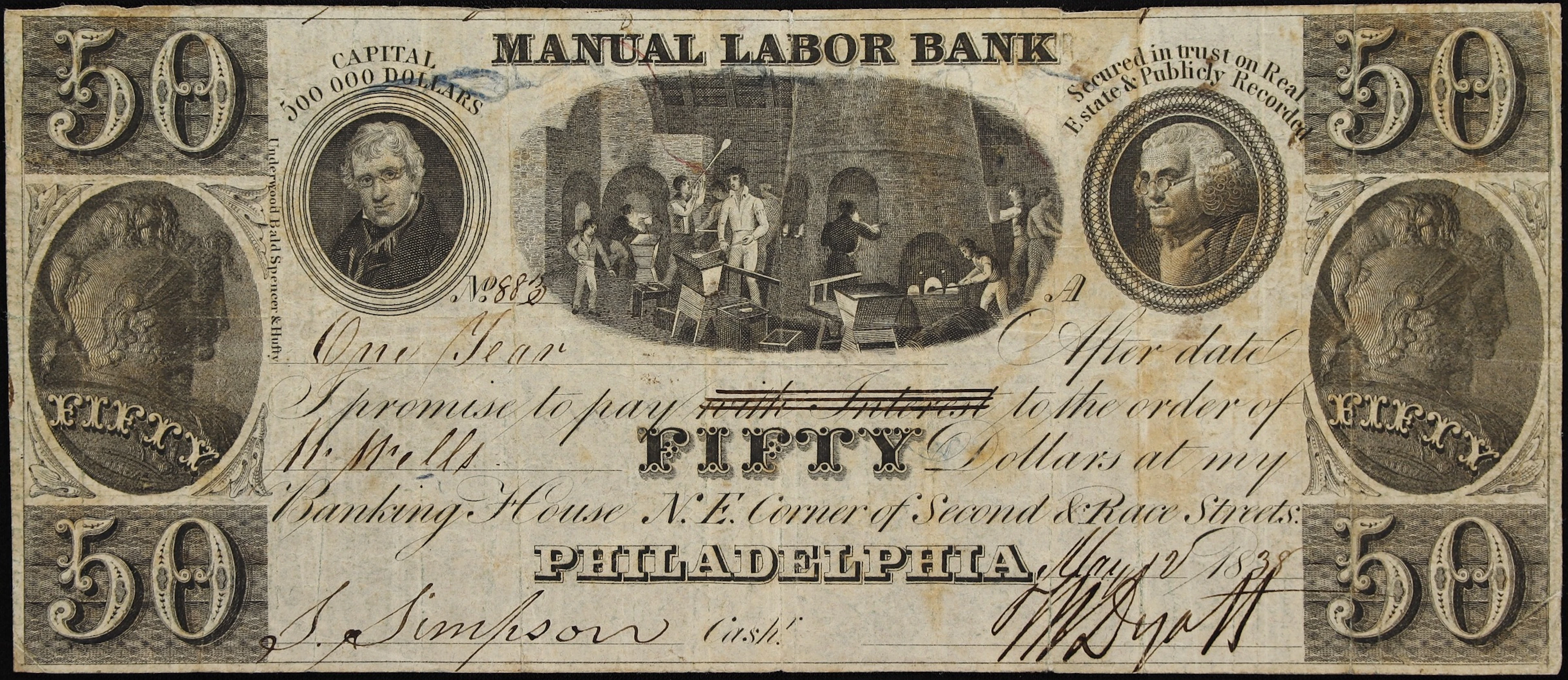Philadelphia, Pennsylvania. Manual Labor Bank. 1838 $50. Very Fine.