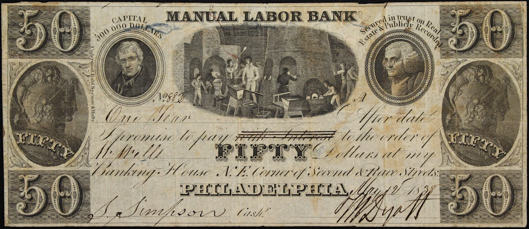 Philadelphia, Pennsylvania. Manual Labor Bank. 1838 $50. Very Fine.