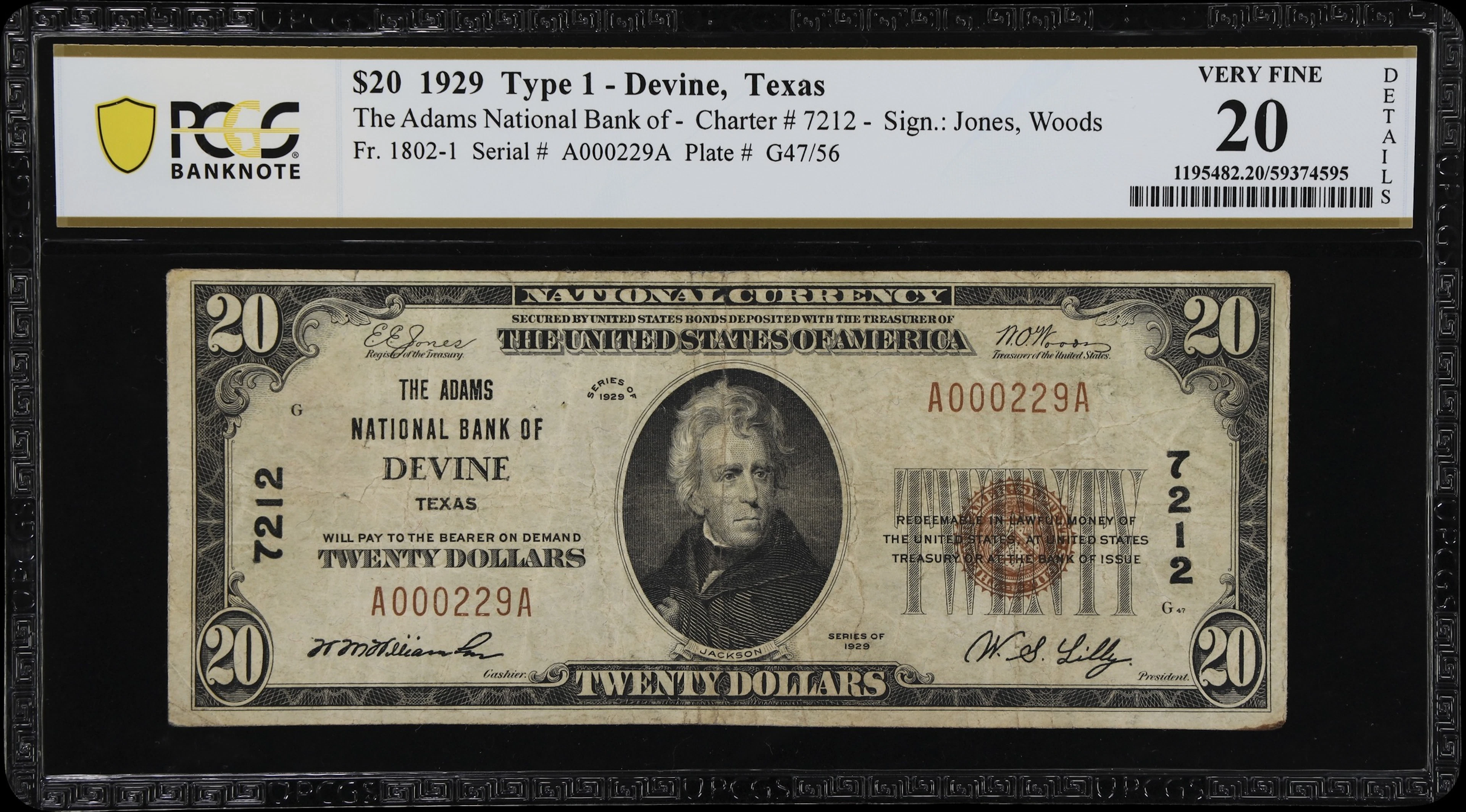 Devine, Texas. $20 1929 Ty. 1. Fr. 1802-1. Adams NB. Charter #7212.