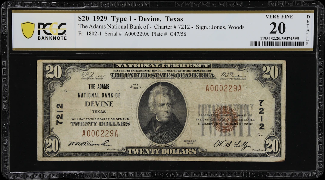 Devine, Texas. $20 1929 Ty. 1. Fr. 1802-1. Adams NB. Charter #7212.