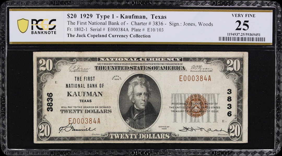 Kaufman, Texas. $20 1929 Ty. 1. Fr. 1802-1. First NB. Charter #3836.