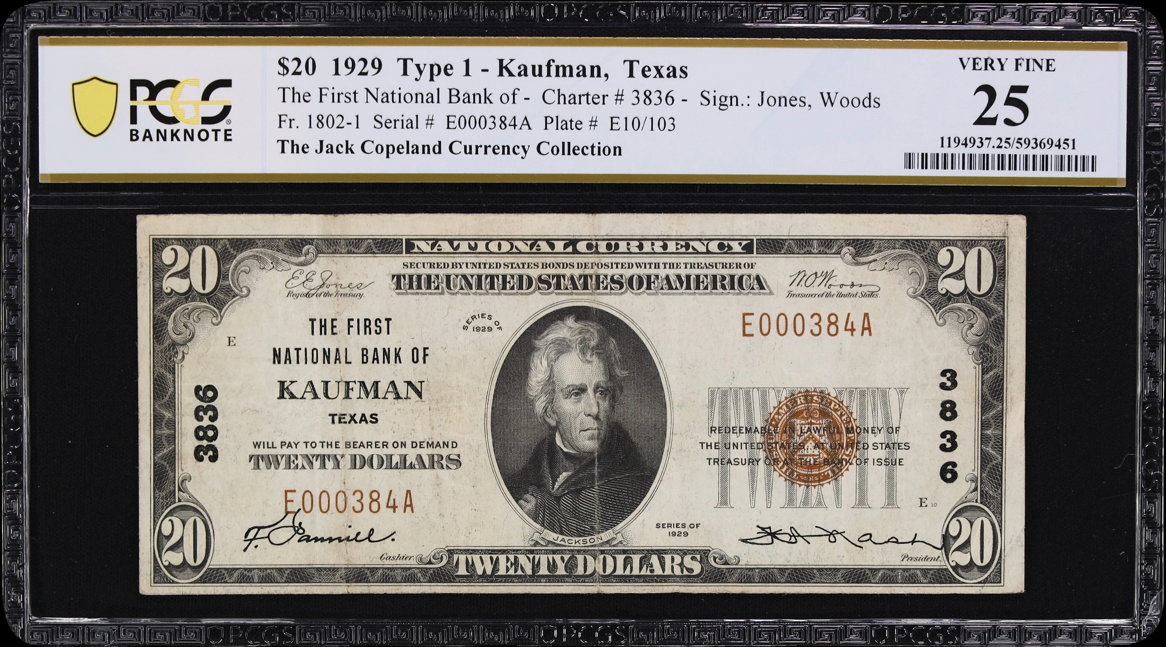 Kaufman, Texas. $20 1929 Ty. 1. Fr. 1802-1. First NB. Charter #3836.