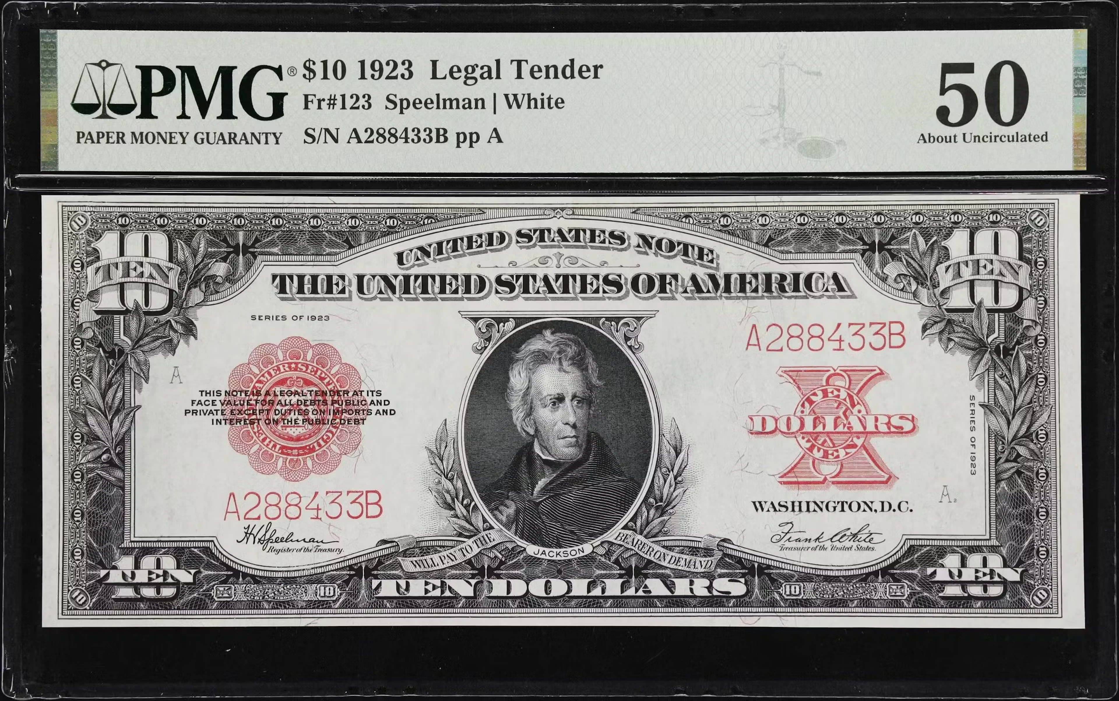 Fr. 123. 1923 $10 Legal Tender Note. PMG About Uncirculated 50.
