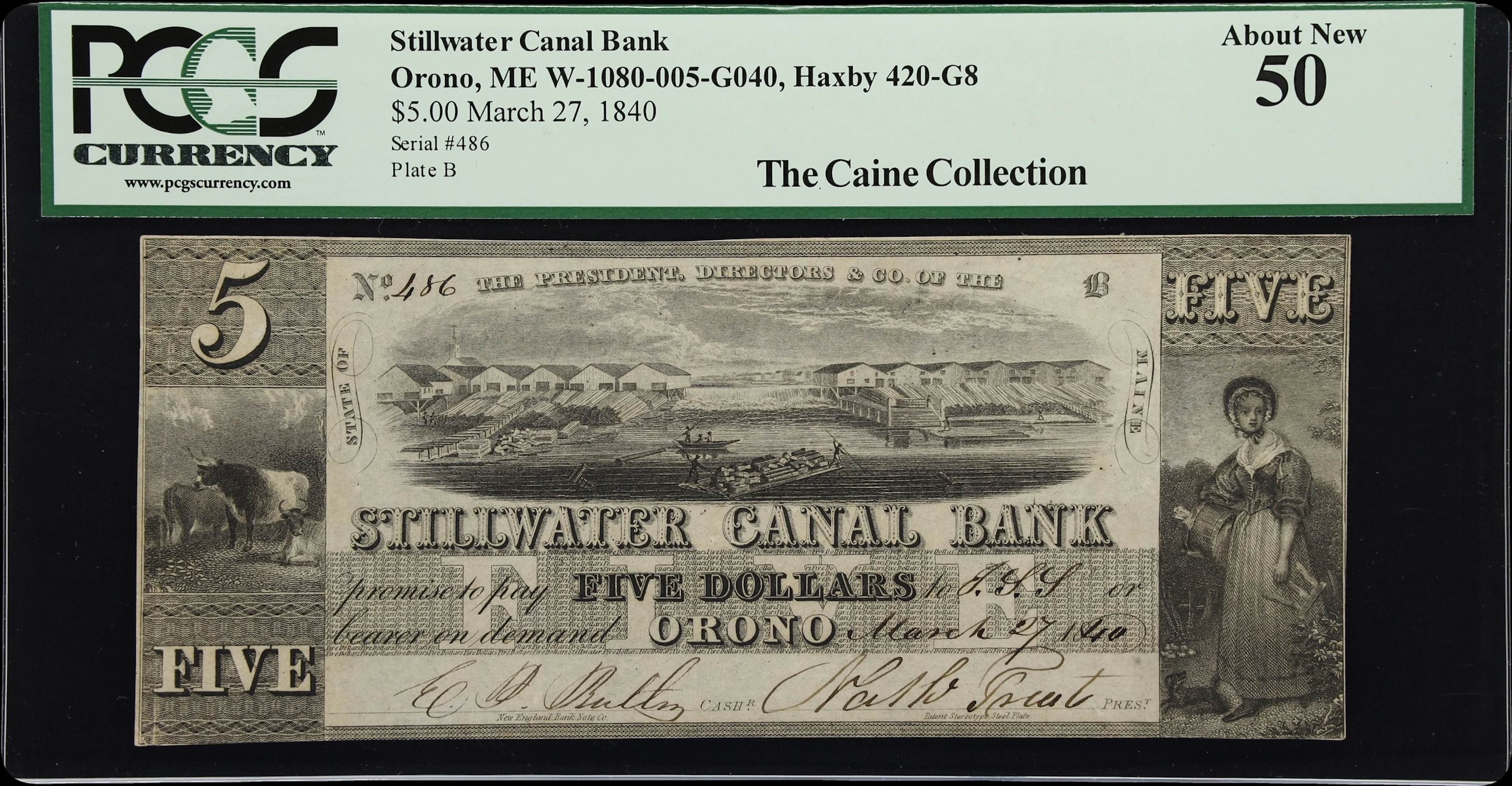 Orono, Maine. Stillwater Canal Bank. 1840 $5. PCGS Currency About New 50.